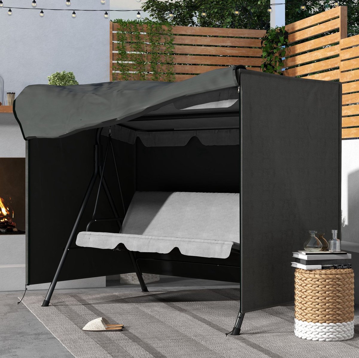 MEUNIQ Schommelbankhoes 3-zits 205 x 124 x 164 cm waterafstotende tuinmeubelhoes met rits en bodemverankering, UV-bestendig en wintervast, donkergrijs