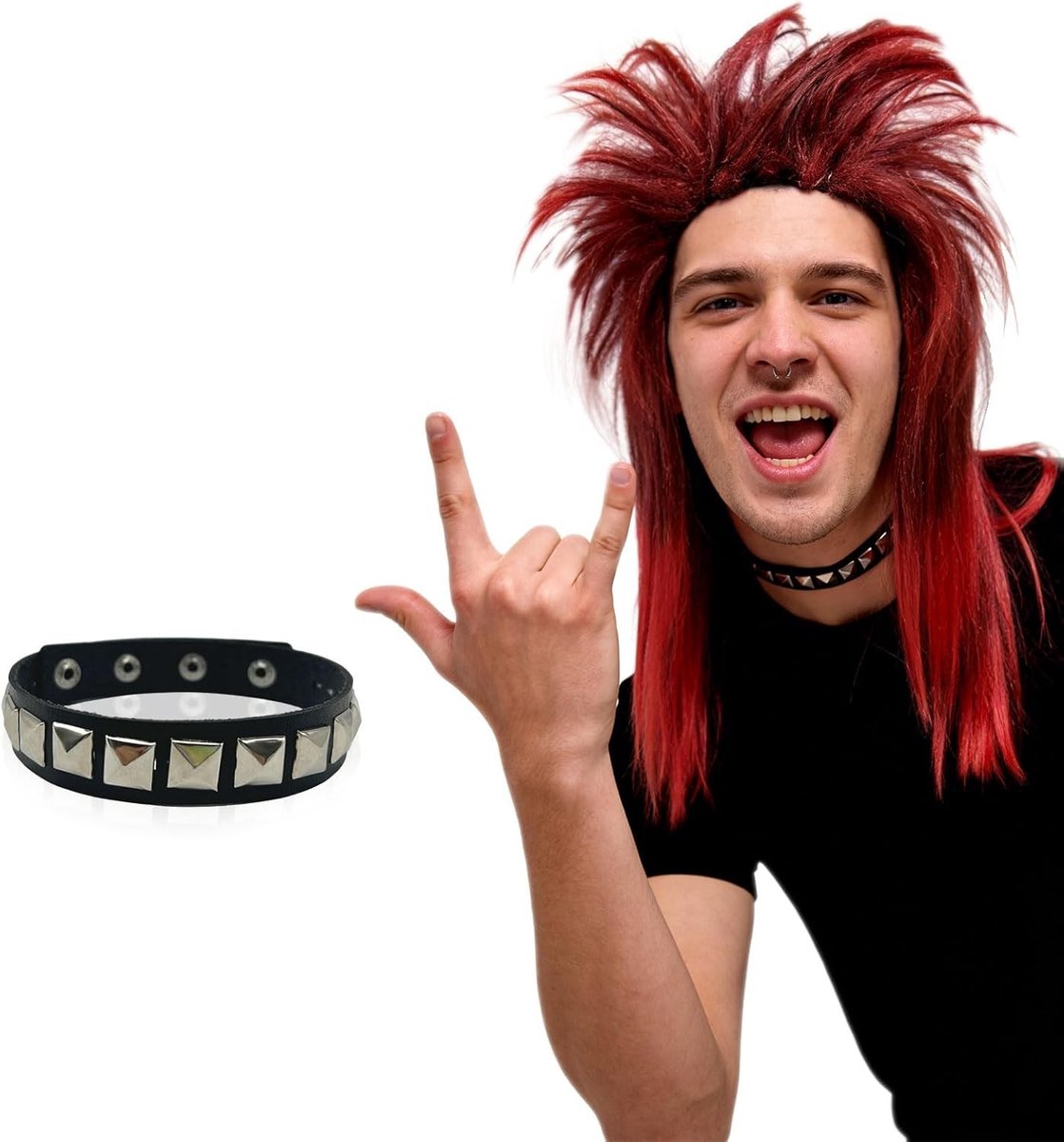 Langdurige Mullet Peruk en Choker Set voor Volwassenen, Retro Hippie Punk Rock Ster Kostuum Accessoire voor Halloween Feest met Sintetisch Haar in Rood, Perfect voor 70s, 80s en 90s Thema's