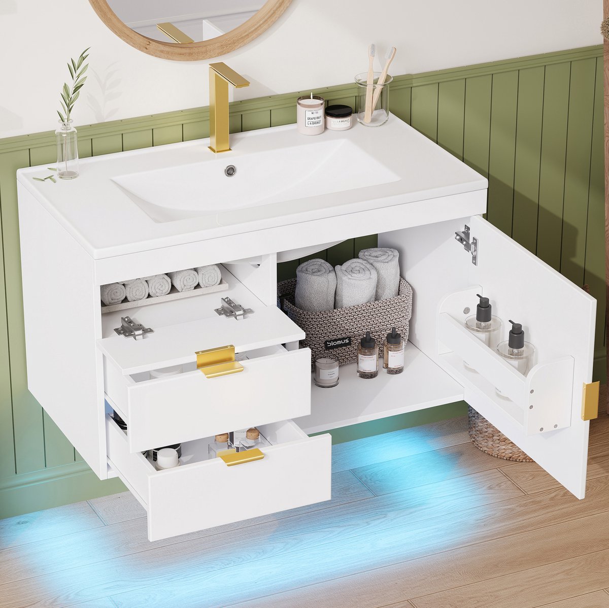 FloraGrace Badkamer Wastafelonderkast - Wandhangend Met LED En App Bediening - Met Keramis
