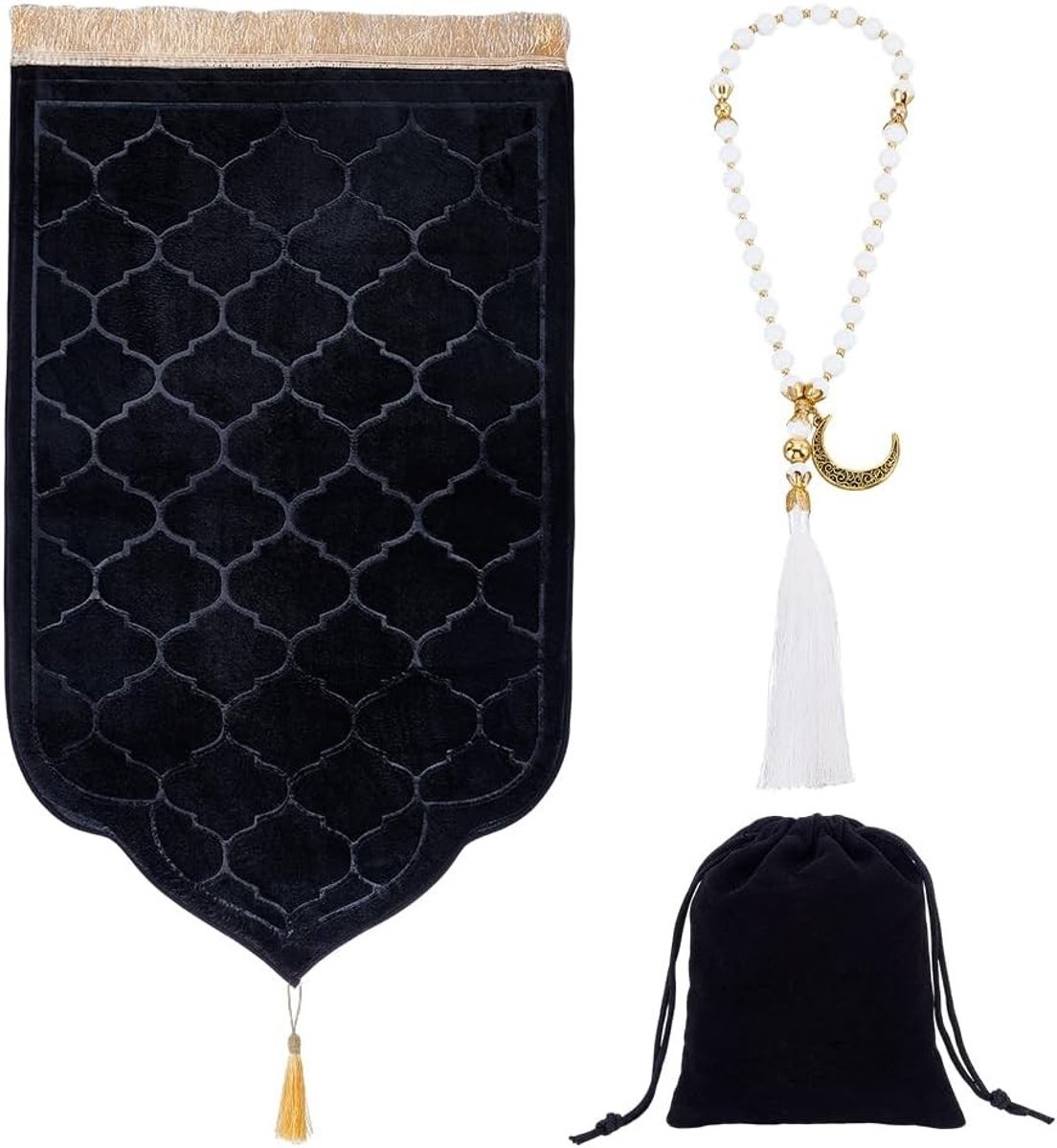 Zachte gebedsmat van traagschuim 110 x 66 cm, moslim gebedstapijt met Tasbih gebedskralen, ideaal voor religieuze oefeningen en meditatie, zwart
