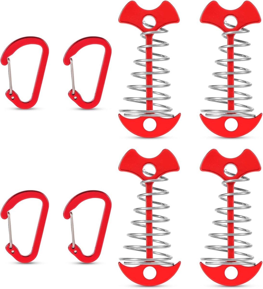 Set van 4 Haringboor Ankerpinnen van Aluminium, Kleurige Tent Tensioners met Karabijnhaken voor Kamperen en Wandelen
