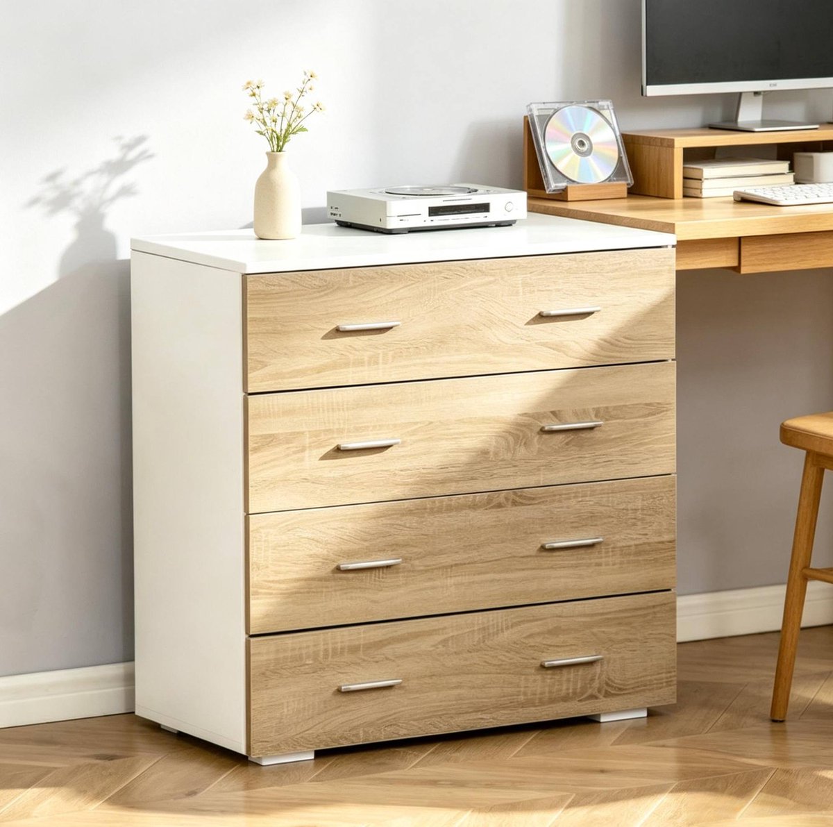 FloraGrace Dressoir - Opbergkast Met 4 Laden En Metalen Handgrepen - Voor Slaapkamer Woonkamer En Hal - Spaanplaat - 76x35x72 Cm - Wit Hout