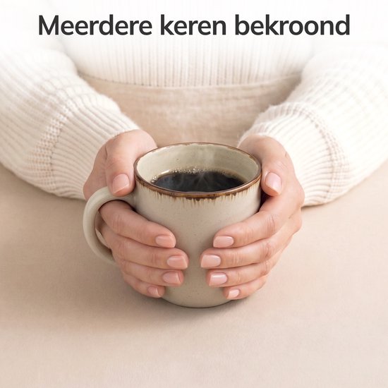 Pure Living Rustic Koffiekopjes - Beige - Set Van 6 (350 ml) - Massief Aardewerk - Landelijk Design - Magnetron & Vaatwasserbestendig — afbeelding 4
