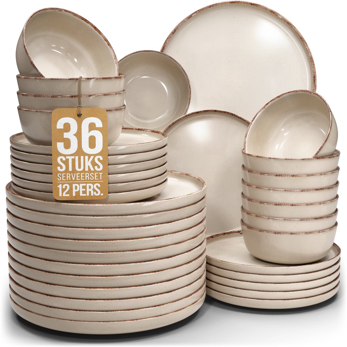 Pure Living Rustic Serviesset - Beige - 36-Delig Voor 12 Personen - Massief Aardewerk - Landelijk Design - Magnetron & Vaatwasserbestendig