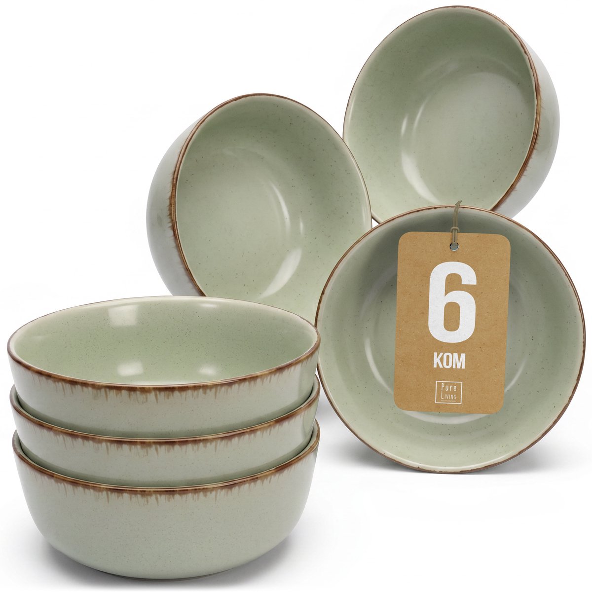 Pure Living Rustic Kommen - Mintgroen - Set Van 6 (Ø 16 cm) - Massief Aardewerk - Landelijk Design - Magnetron & Vaatwasserbestendig