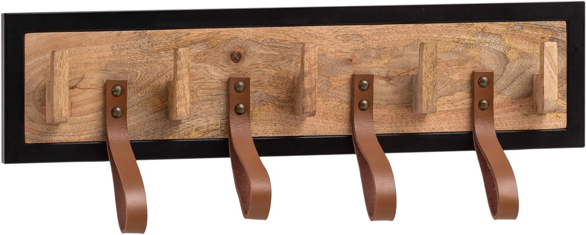 wandkapstok Mango massief hout / echt leer 60x15x6 cm | Hakenlijst voor jassen, sjaals en mutsen | Halkapstok met metalen frame | Houten wandkast met lussen