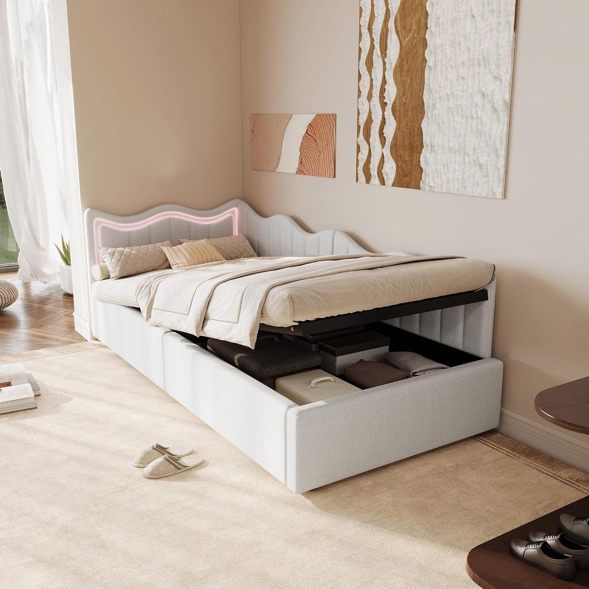 Gestoffeerd Bed - Opbergbed Dagbed - Ruimte Besparen - Met LED Verlichting - 90 x 200 cm - Wit