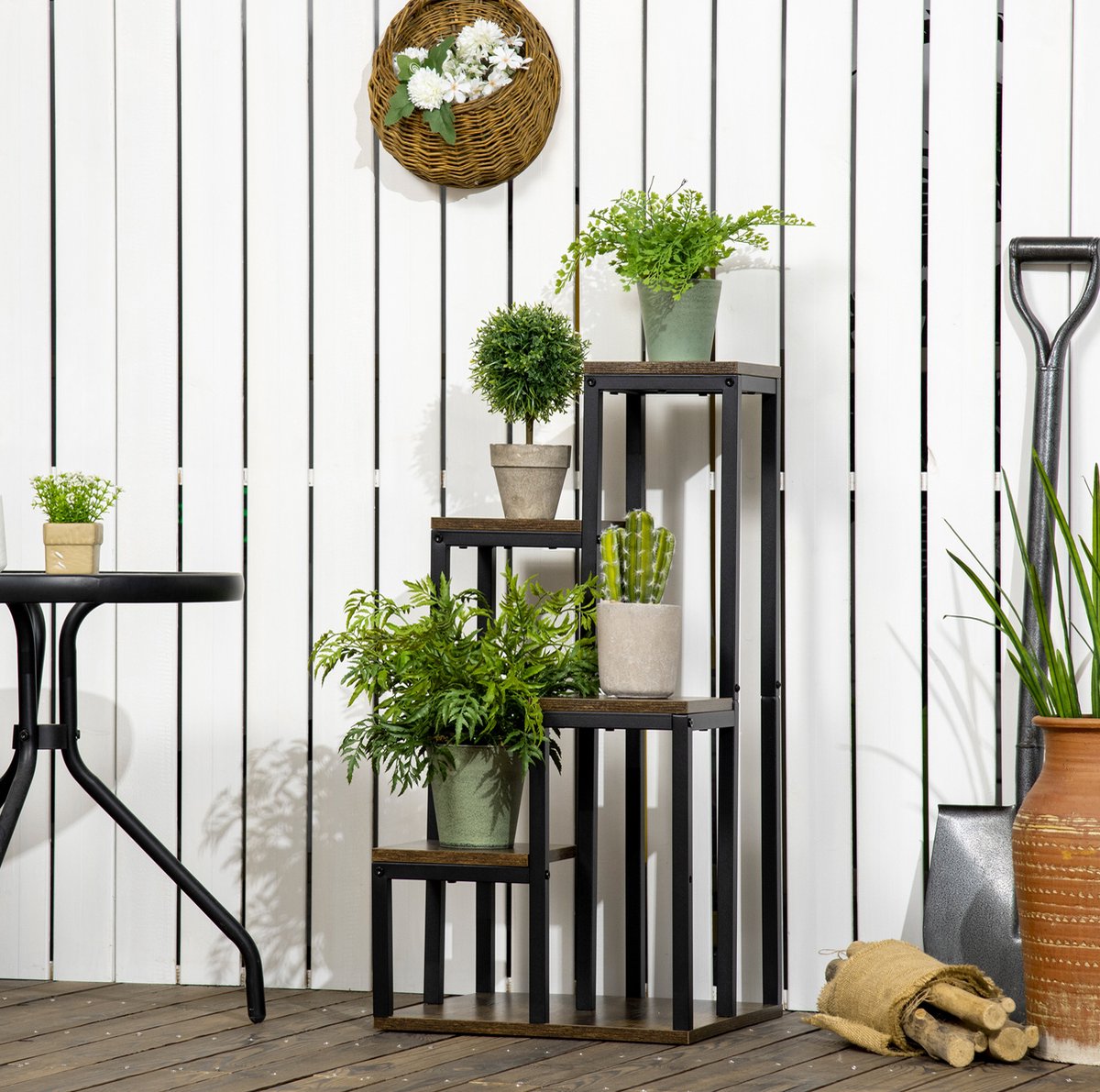 MEUNIQ Plantenstandaard 40 x 40 x 81 cm met 4 niveaus, verticale bloemenstandaard met stalen frame voor balkon, tuin en binnenruimte, bruin