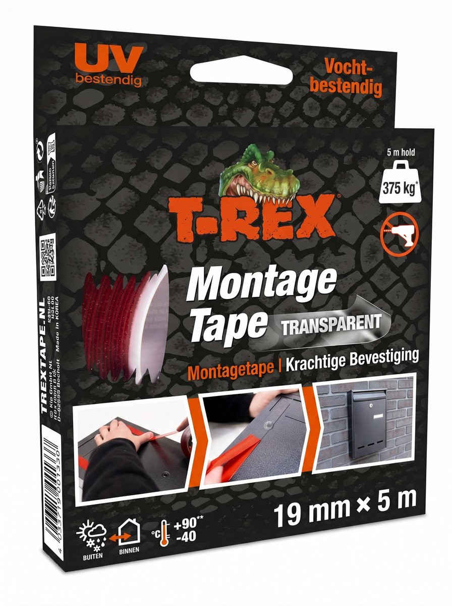 T-Rex montagetape - extra sterke dubbelzijdige tape voor montage binnen en buiten - permanente bevestiging zonder boren of schroeven - draagvermogen tot 375 kg - 19 mm x 5 m