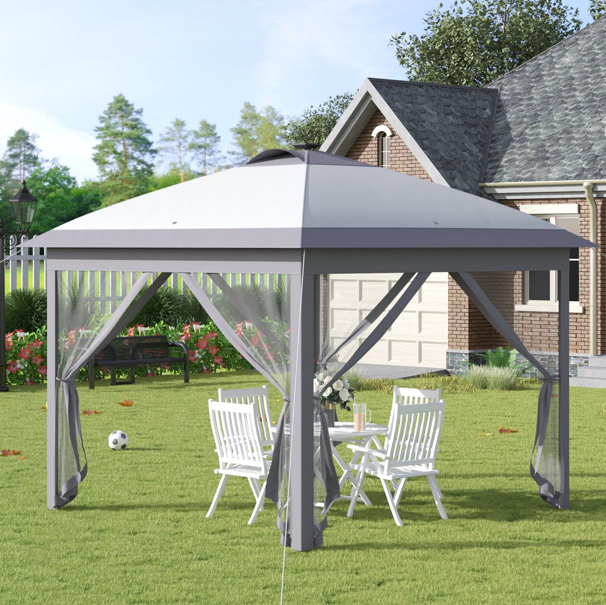 MEUNIQ paviljoen 330 x 330 cm met 17 solar LED's, USB-oplaadfunctie, 4 afneembare mesh zijwanden, opvouwbaar metalen frame, verstelbare hoogte, grijs