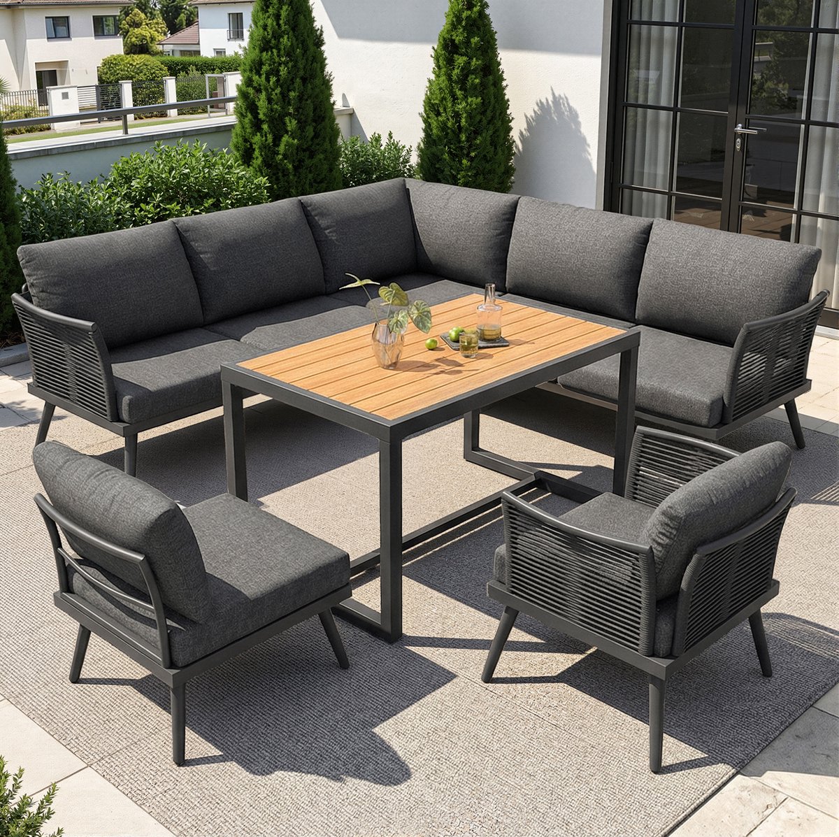 DESMIU Loungeset 237 x 181 cm - Hoek Loungeset Voor 7 Zitplaatsen Met Tafel En Kussens - Voor Tuin En Terras - IJzer Grijs