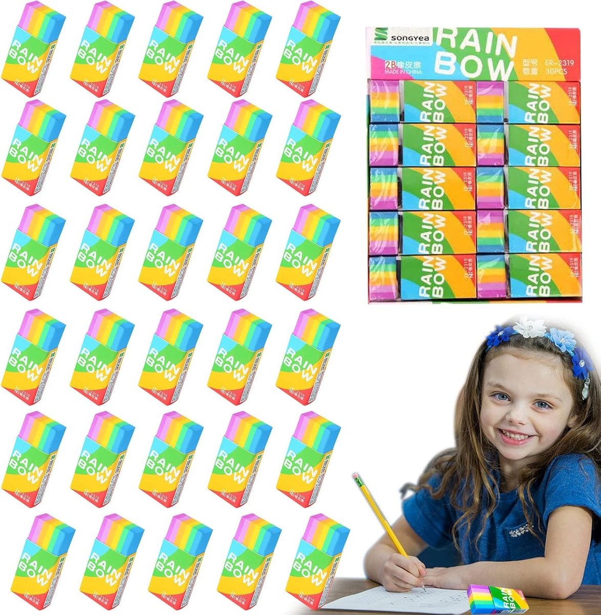 30 stuks 2B Gum, Kleurrijke Zachte Gum, Duurzame Witte Plastic Gum, Grote Gum voor Kinderen, School en Kunstprojecten