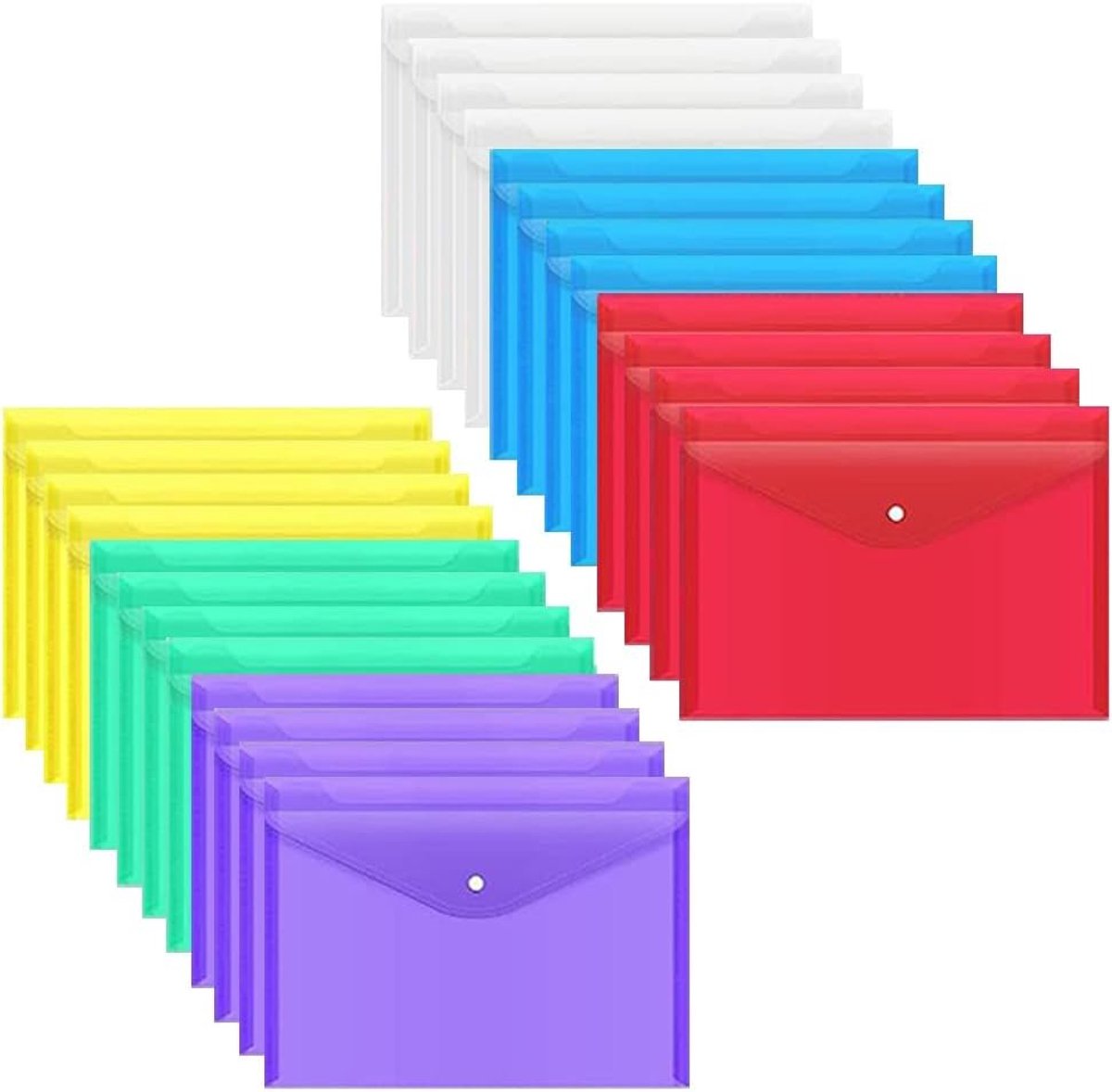 SnelShoppen - Pack van 24 A4 Documentfolders, Transparante Documentenmap met Drukknop, Kleurige Documententas, Waterdichte Organiser voor Thuis, Schoo