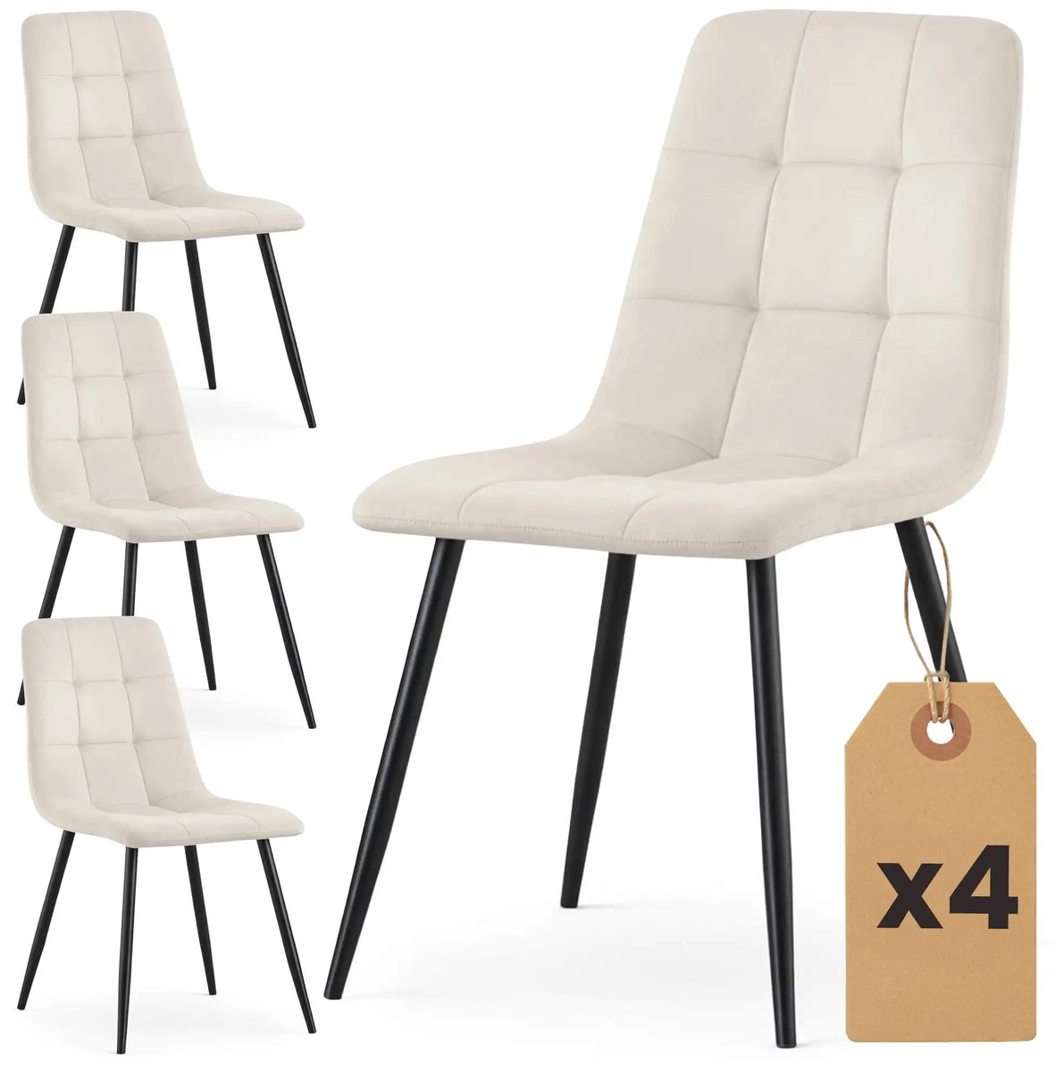 Lilac & Lily Eetkamerstoelen - Set van 4 – Beige Velours Stoelen - Industrieel Met Zwarte Stalen Poten - Zonder Armleuning