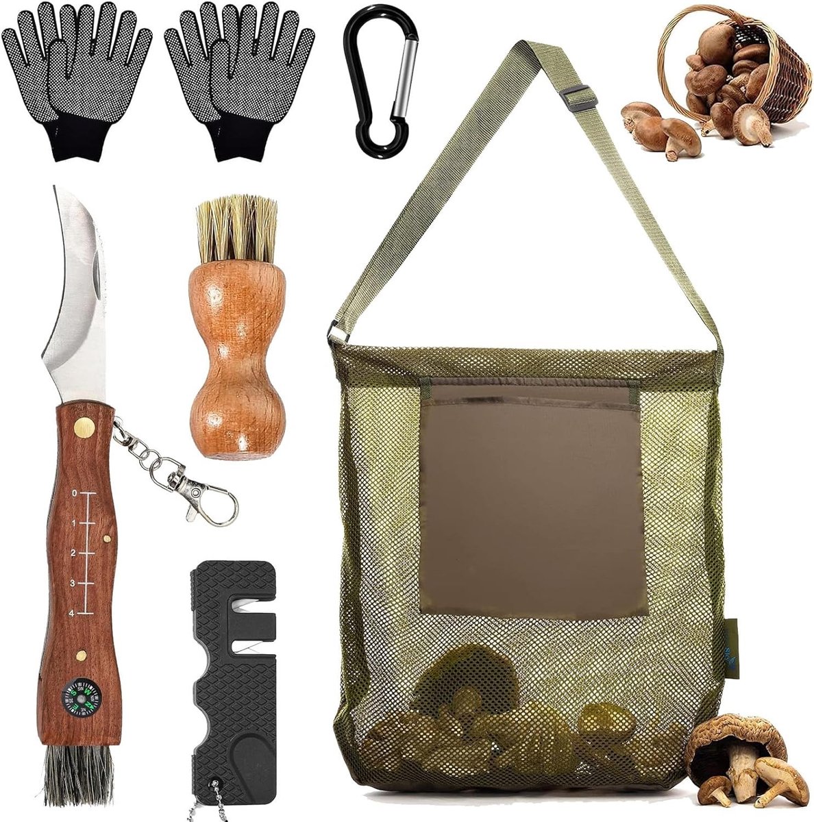 Mushroommes met Borstel en Liniaal, RVS Truffelmes, Paddestoelenmes Set voor Buiten, Kamperen en Overleven