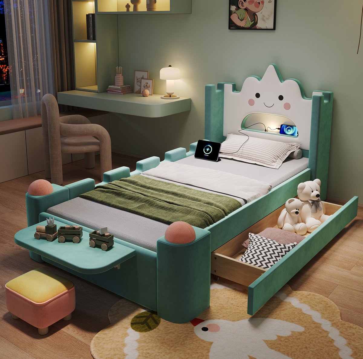 FloraGrace Kinderbed 90x200 cm - Wolkenbed met Led-Leeslamp en USB - Opberglade en Uitvalbeveiliging - Zonder matras - Fluweel - Blauwgroen
