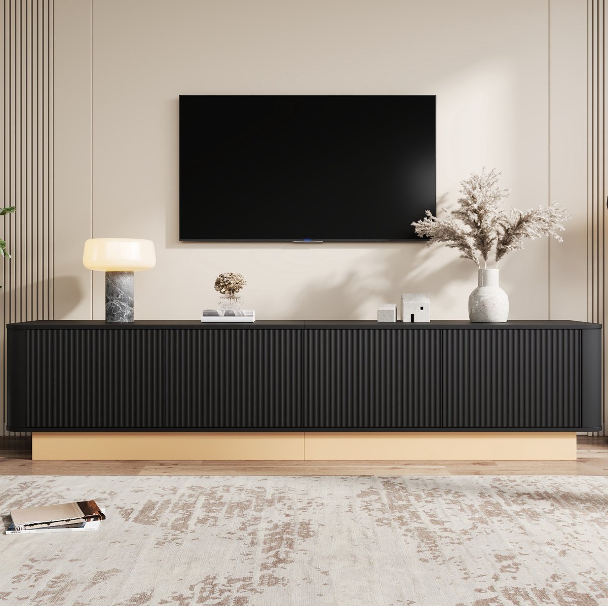 FloraGrace Dressoir - Geribbelde TV-Kast Met 4 Deuren En Verstelbare Planken - Voor Woonkamer - MDF - 200x40x47,5 Cm - Zwart