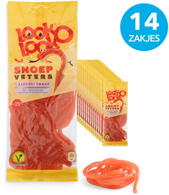 Gele verpakking Look O Look snoepveters aardbeiensmaak, 14 zakjes.