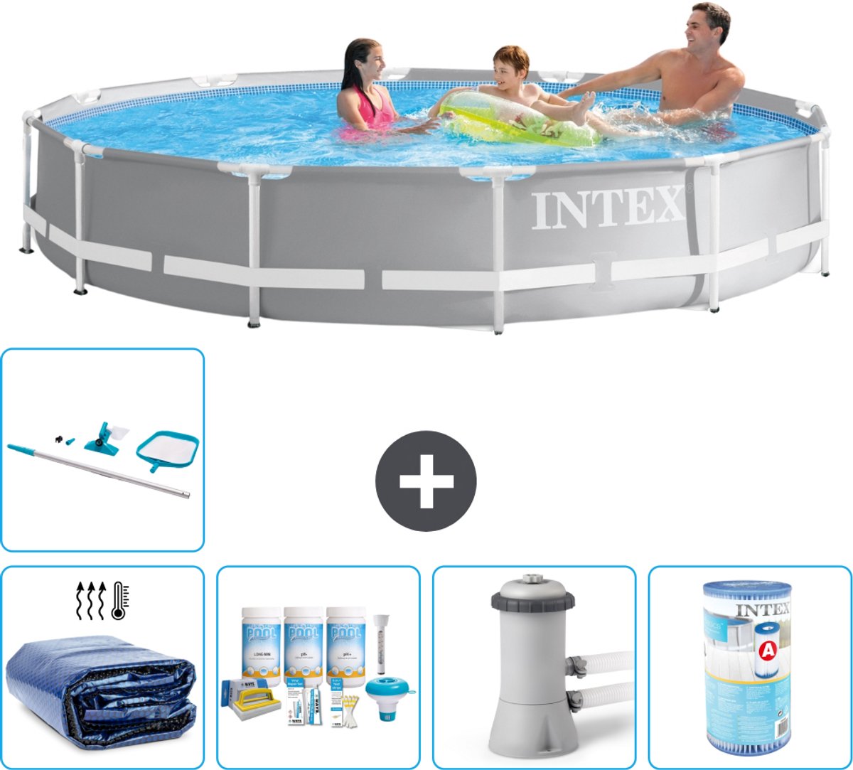 Intex Rond Prism Frame Zwembad - 366 x 76 cm - Grijs - Inclusief Solarzeil - Onderhoudspakket - Zwembadfilterpomp - Filter - Schoonmaakset - 6-delig