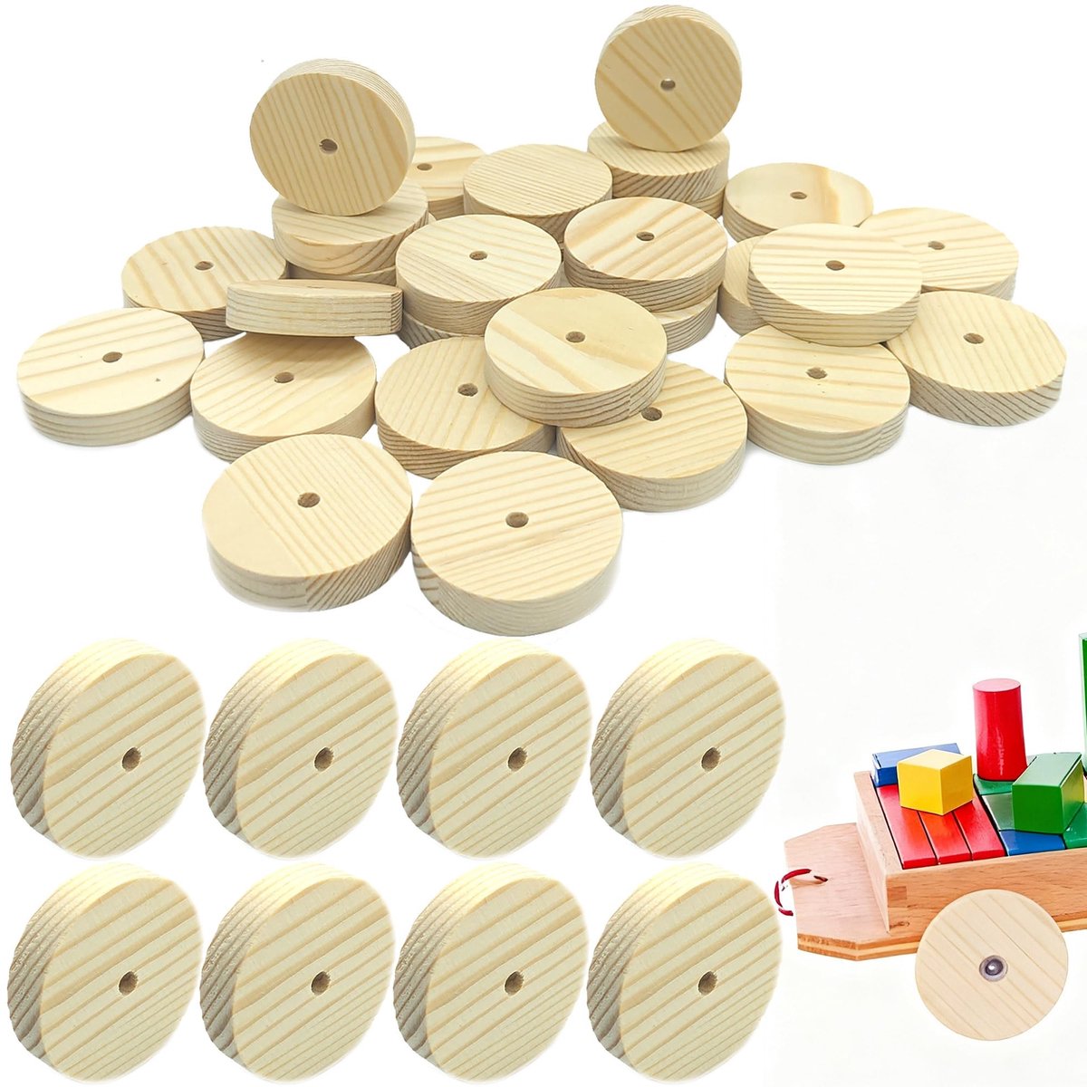 Dailygoods- Houten Wiel 30 Stuks - Miniatuurwielen - Onbehandeld Hout - Creatief Handwerk - Doe-het-zelf Projecten - Lichtgewicht en Robuust - Knutselwielen