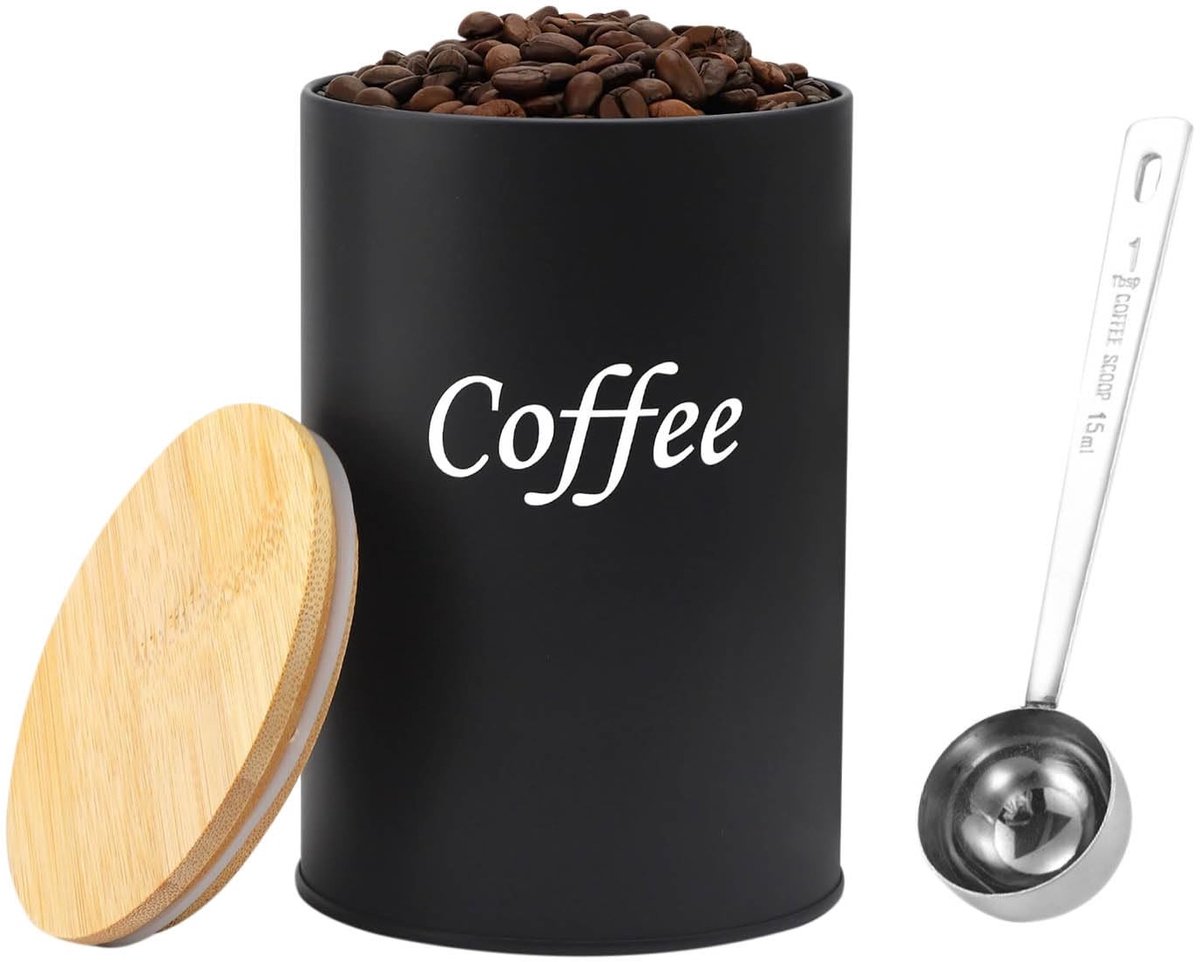 Dailygoods- Koffiebus luchtdicht 500 ml - Koffieopslag - Voorraadcontainer - Opslag voor thee/cacao - IJzeren koffiebus - Houten deksel - 9,5 x 9,5 x 14 cm - Opslagcontainer