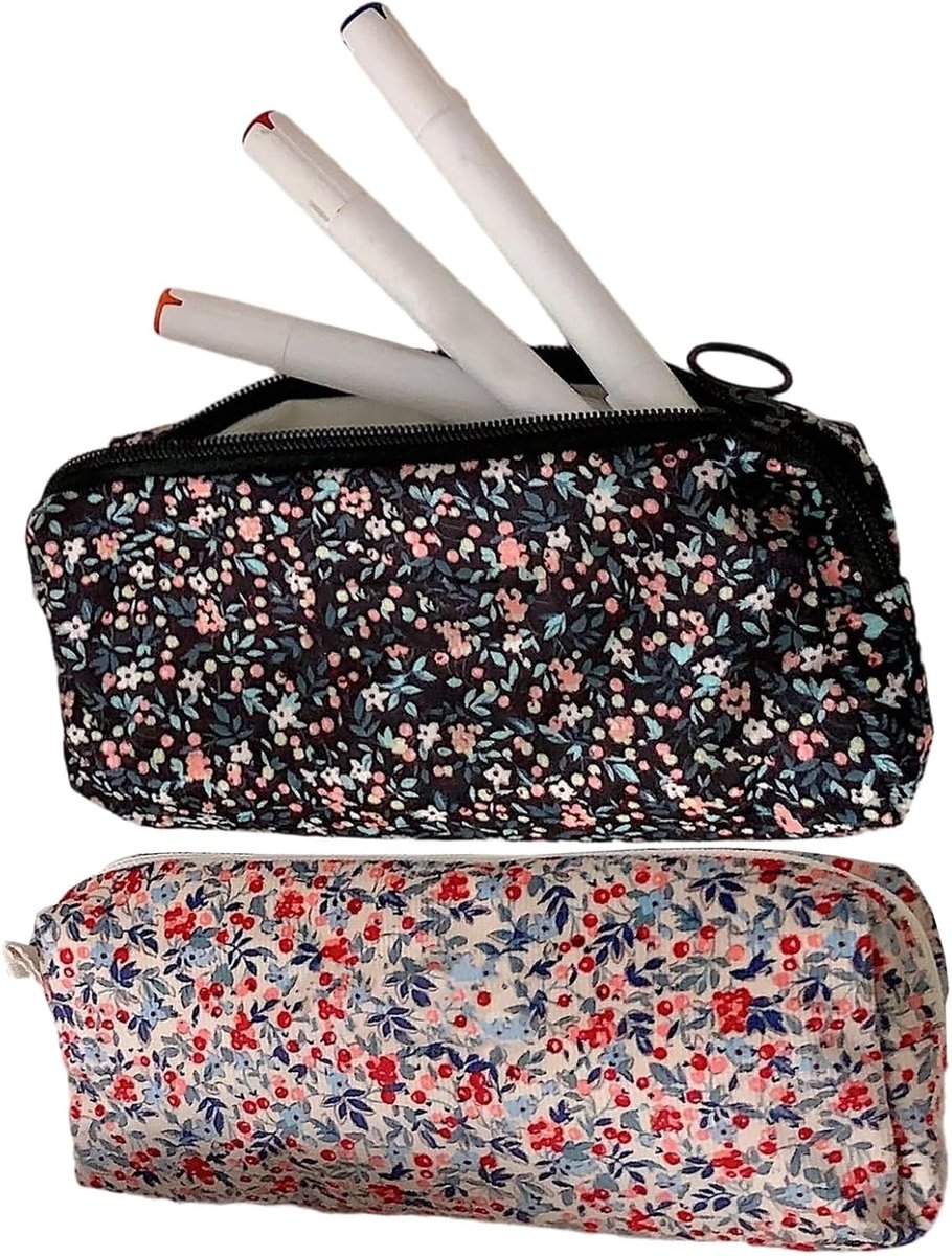 Thijox - Pennenzak Ribfluweel - 2 Stuks Makeup Tas met 3D Bloemen Borduursel - Organizer Box voor School, Tieners, Jongens en Meisjes - Ideaal voor Re