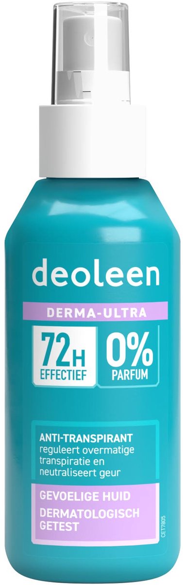 Deoleen Derma-Ultra 72 uur - Anti-transpirant spray - Voorkomt overmatige transpiratie en transpiratiegeur - 72 uur effectief - 0% parfum - Gevoelige huid - Dermatologisch getest - Deodorant - 100 ml