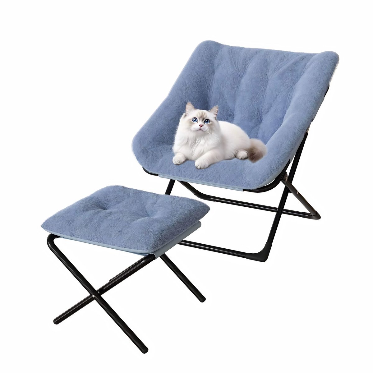 Happiq Loungestoel met Voetenbank - Opvouwbaar Oversized design - voor woonkamer en slaapkamer - Blauw Kunstleer en Zwart Metaal - Grijs