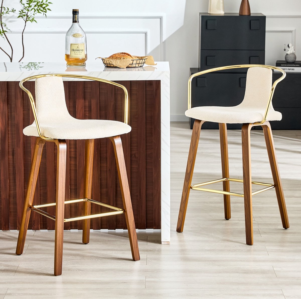 Barstoel Set Van 2 Met Armleuning En Rugleuning Voor Keuken Eiland En Bartafel In Scandinavische Stijl Van Hout En Stof Wit