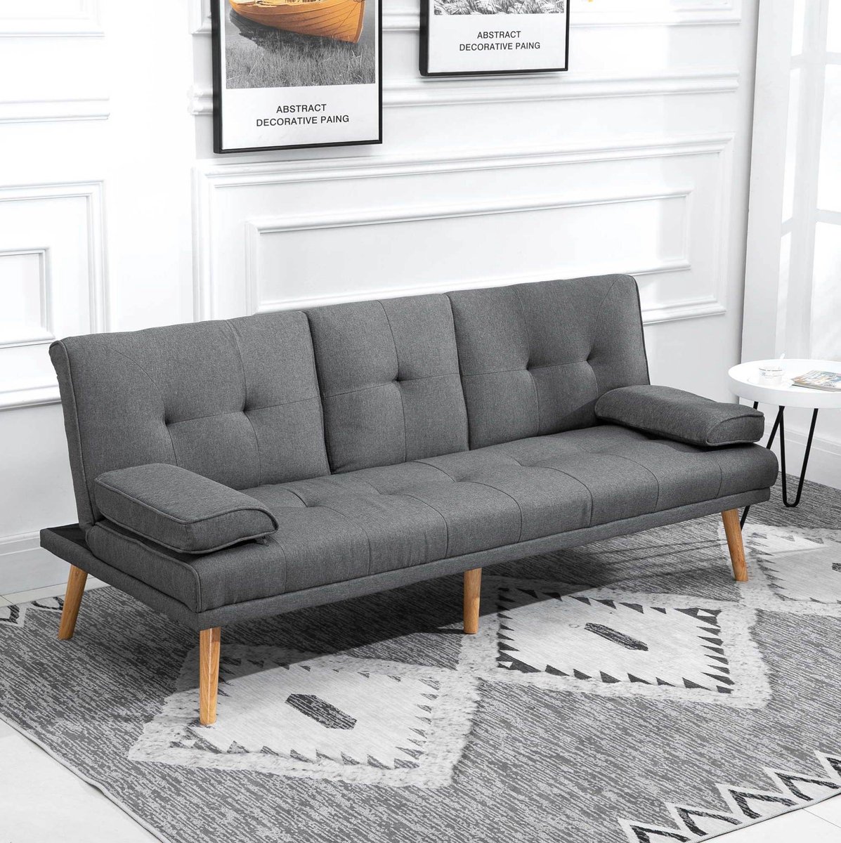 HAUSS SPOLE Slaapbank - 3-Zits Bedbank - Met Klaptafel En Bekerhouder - Verstelbare Rugleuning - Voor Woonkamer En Logeerkamer - Polyester Donkergrijs