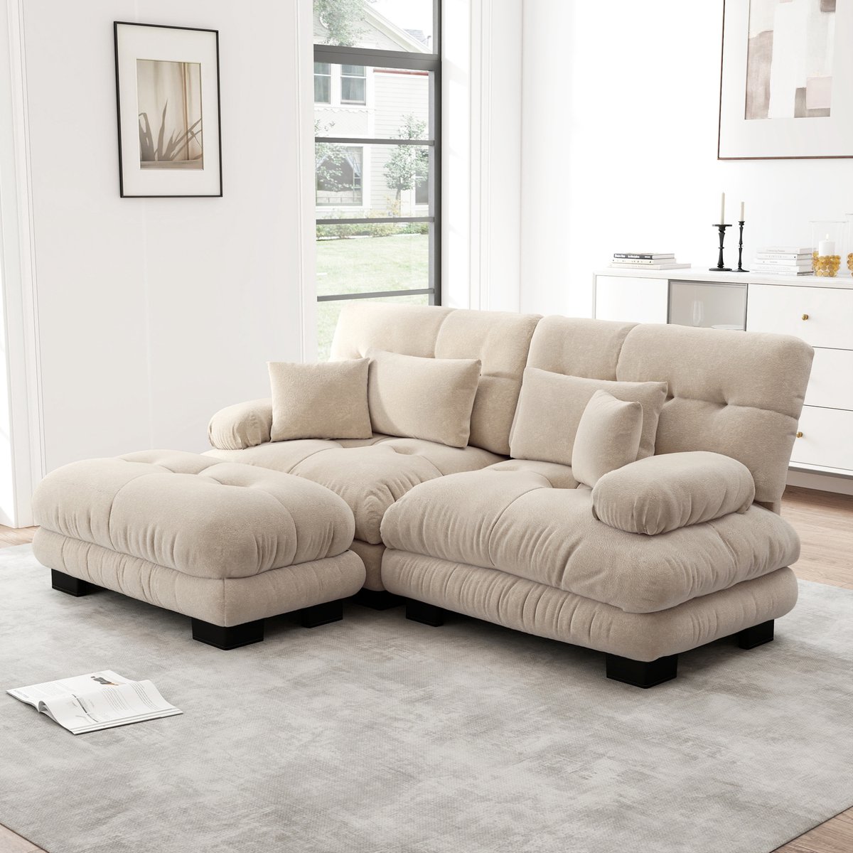 FloraGrace Hoekbank 220 x 145 cm - Modulair 2-Zits Sofa Met Verplaatsbare Ottoman En Kussens - Voor Woonkamer - Chenille - Light Coffee
