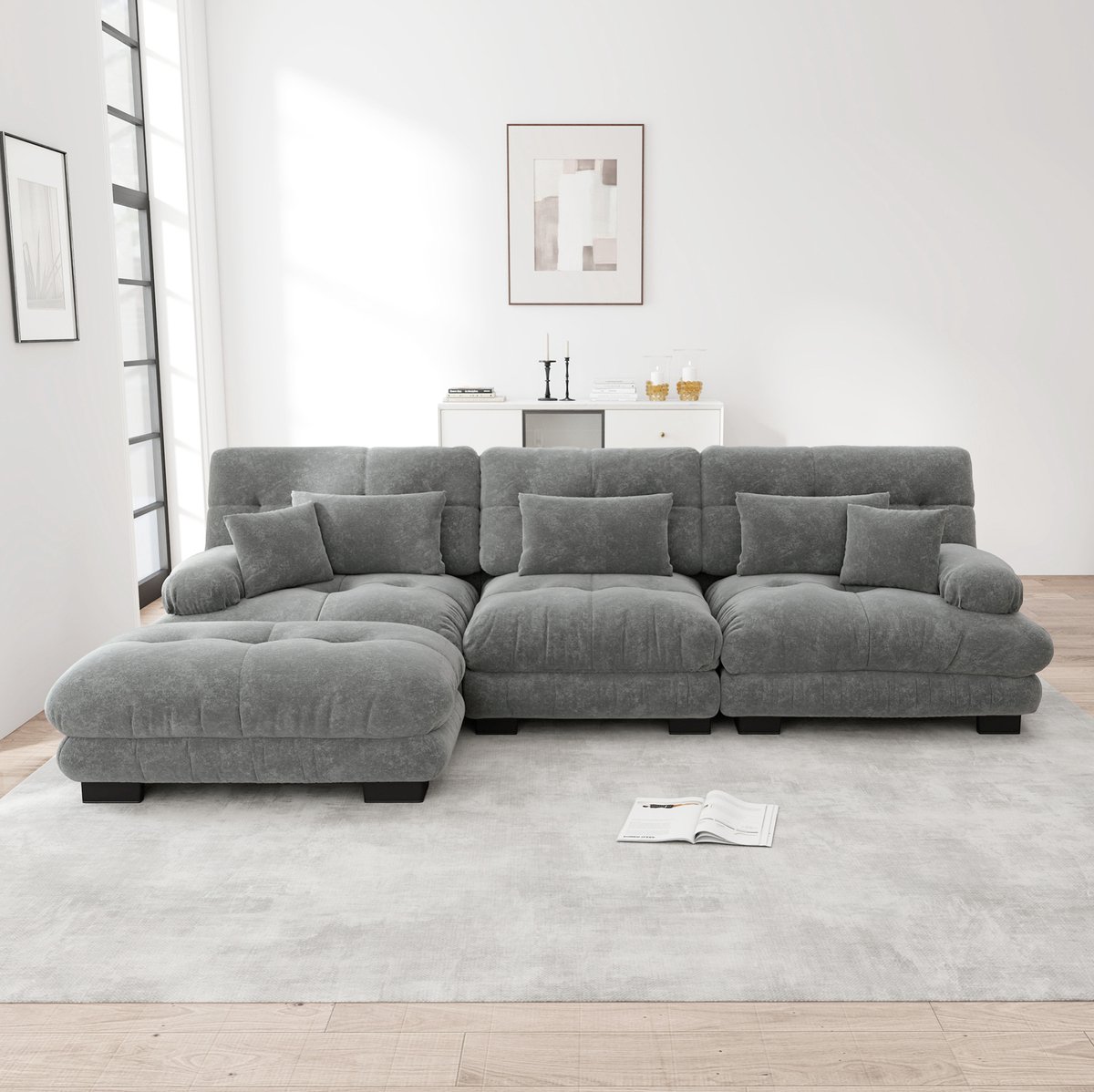 FloraGrace Hoekbank – 3-Zits Modulaire L-Vormige Bank Met Ottoman – Cloud Comfort Voor Woonkamer Of Kantoor – Chenille – Grijs
