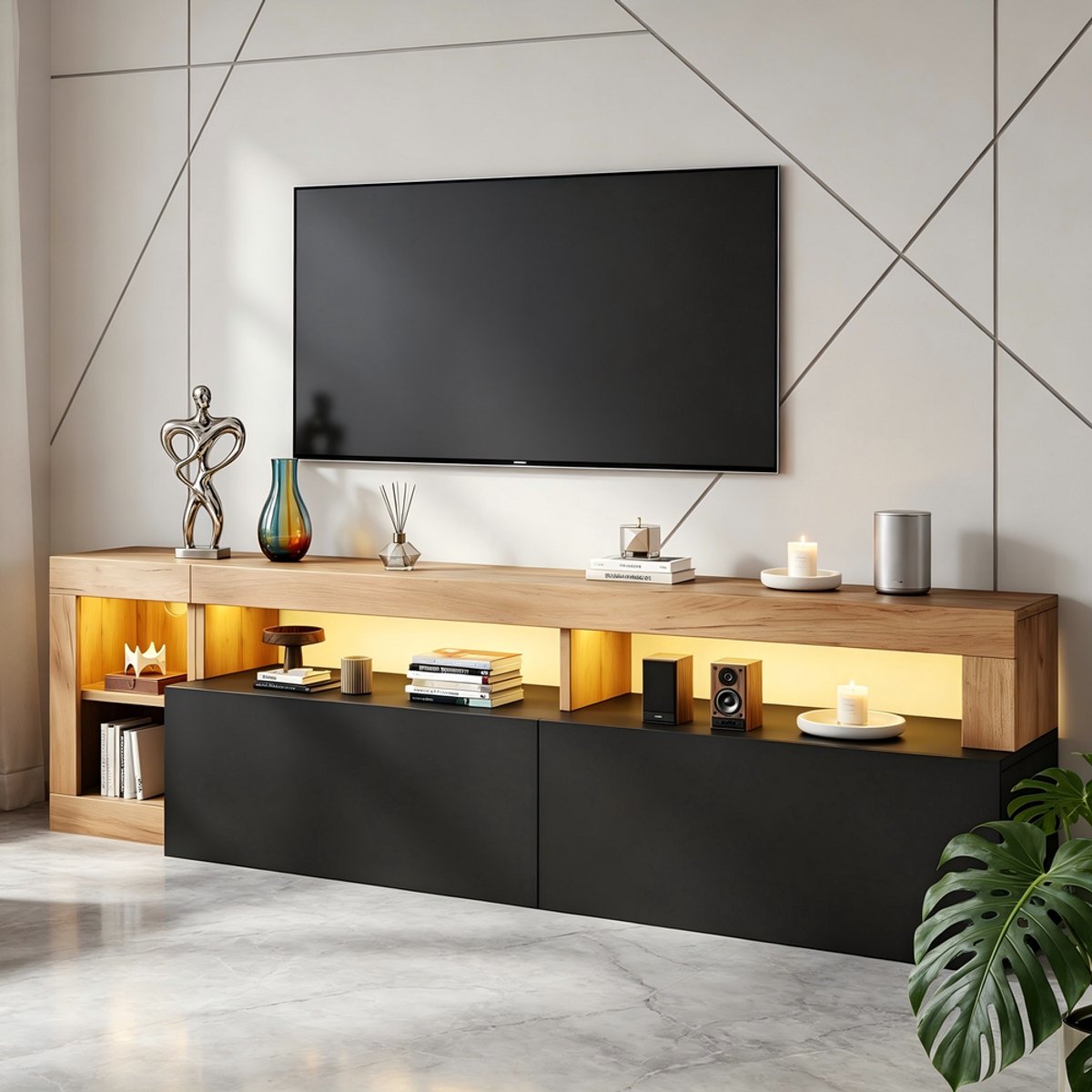 KOMHTOM TV-Meubel - Zwart - Hout - LED Verlichting - Open Opbergruimte - Geschikt voor TV tot 80 Inch - Woonkamer Slaapkamer - Modern Design - Wandmeubel met Deuren - Mat Houten Frame