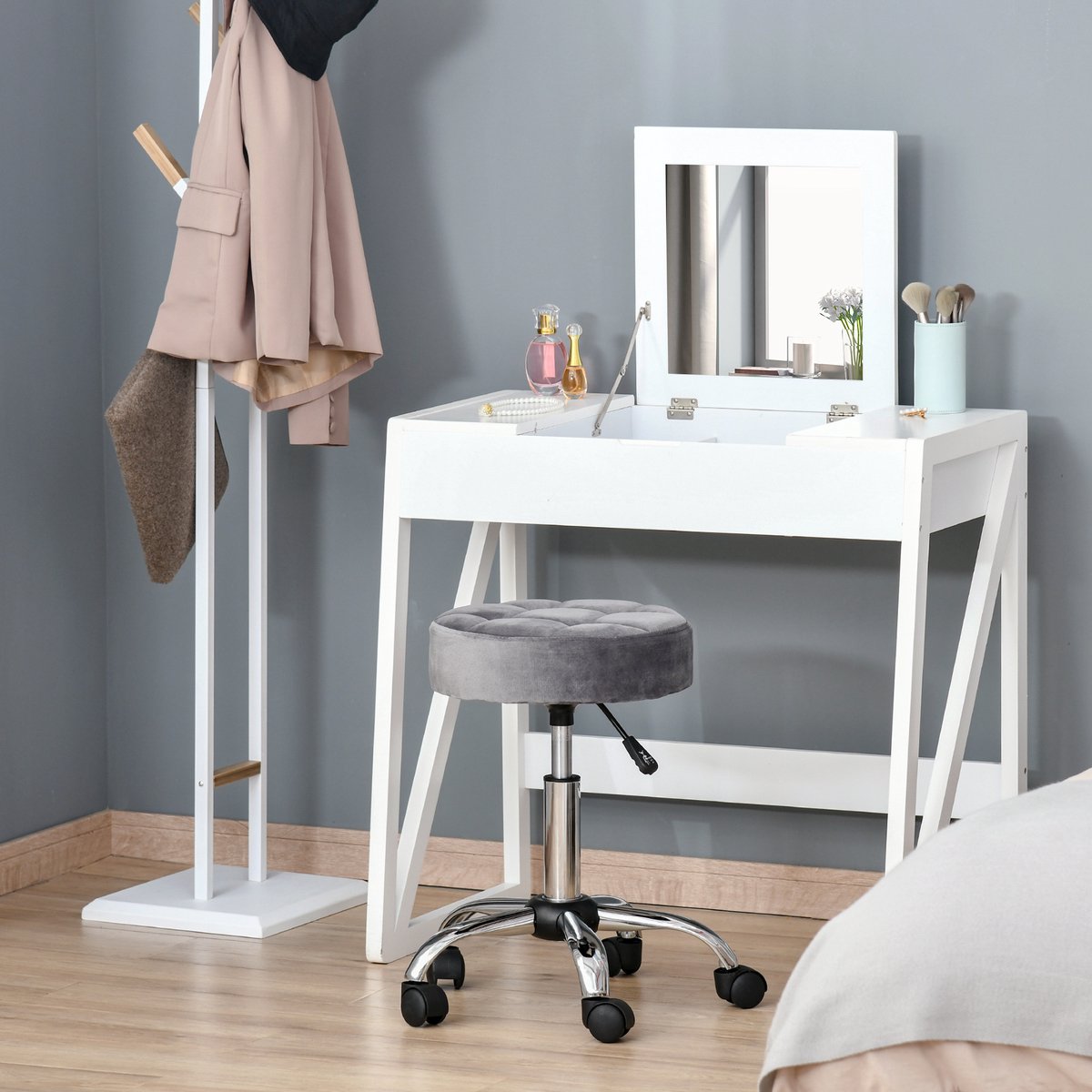 MEUNIQ bureaukruk met wielen, in hoogte verstelbaar 49-61 cm, draaibaar, zonder armleuningen, Ø35 cm, grijs, voor salon en thuis