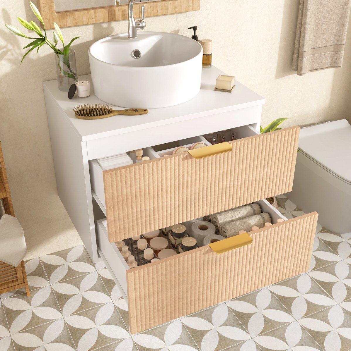DESMIU Badkamermeubel - Hangende Badkamerkast Met Ronde Keramische Waskom - 2 Lades Voor Kleine Badkamer - MDF Houtlook - 60 Cm