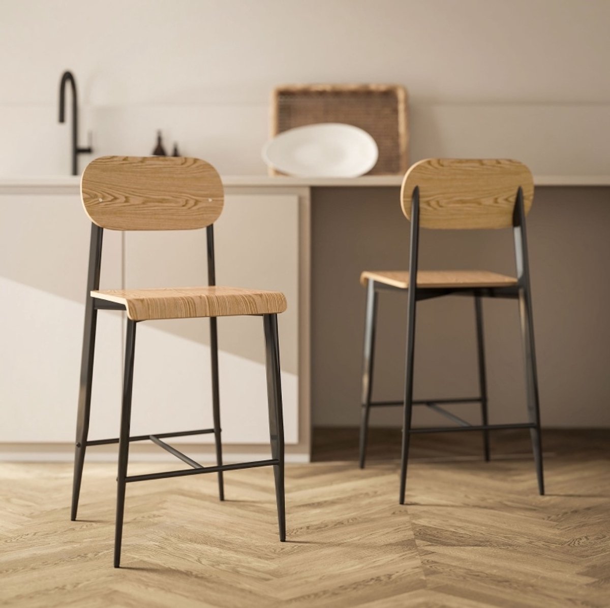 MEUNIQ Barkrukken set van 2 met rugleuning en voetsteun, zithoogte 66 cm, metalen frame, industrieel voor keuken, eethoek of huisbar, naturel en zwart Naturel hout