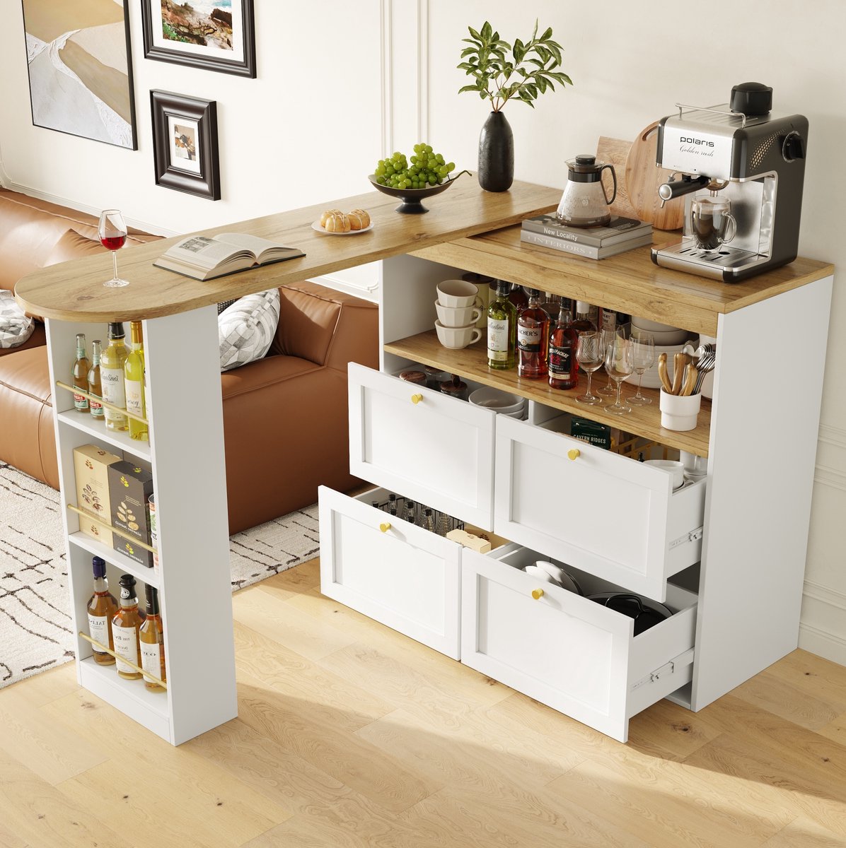 DESMIU Dressoir - 360 Graden Draaibaar Met 4 Laden En Open Schappen - Voor Eetkamer Werkkamer En Woonkamer - MDF - 204x39x104 Cm - Wit