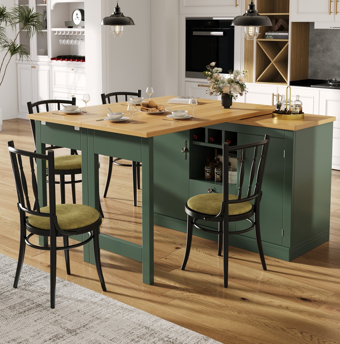 DESMIU Bartafel - Uitschuifbaar Met Opbergruimte En Draaifunctie - Voor Woonkamer Eetkamer En Thuiskantoor - MDF - 120-180x40x76 Cm - Antiekgroen Antique Green