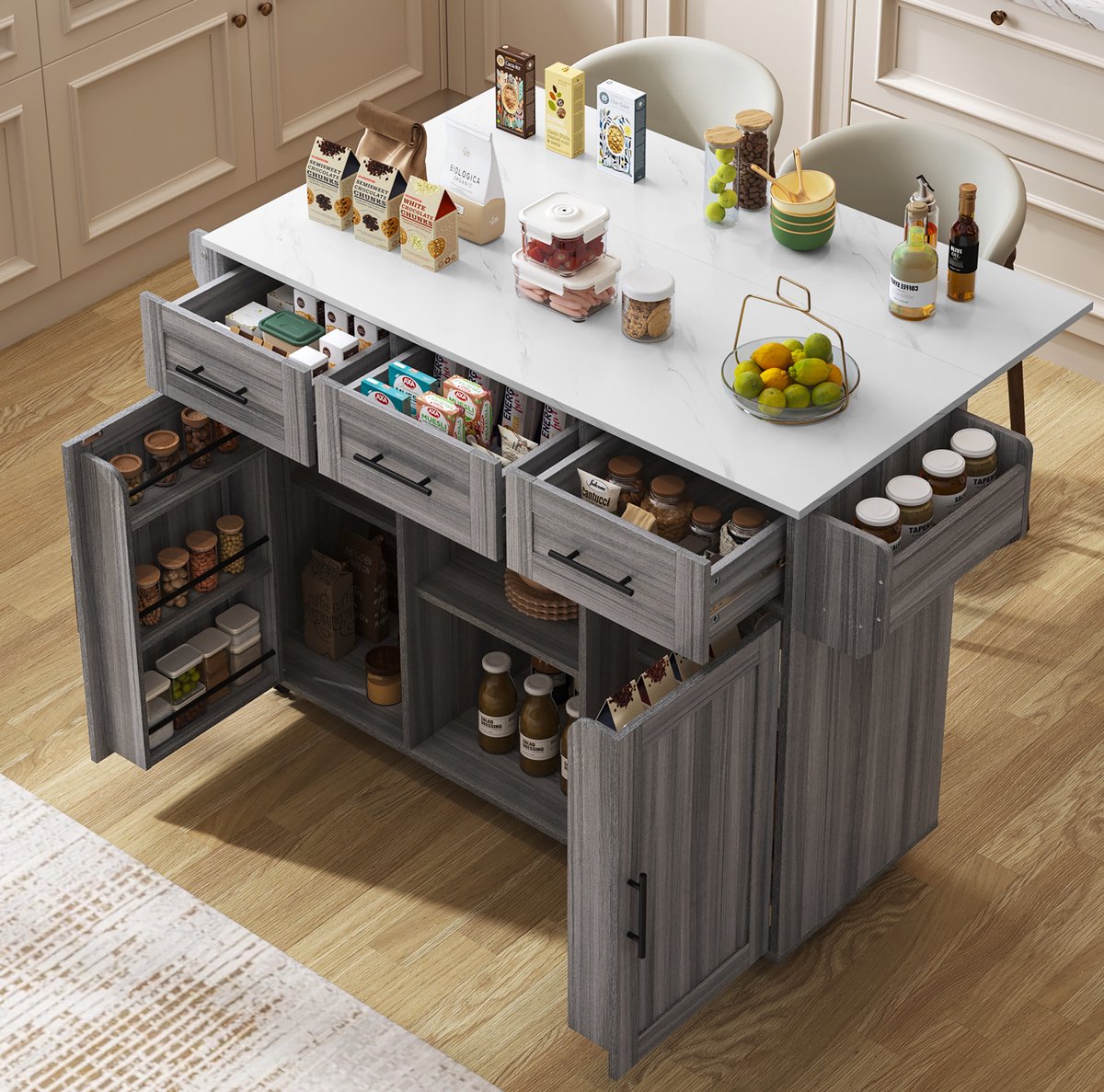 DESMIU Keukenkast - Met Klapblad En Opbergruimte - Verrijdbaar Voor Keuken En Eethoek - MDF - 139 x 46(71) x 91,5 Cm - Grijs