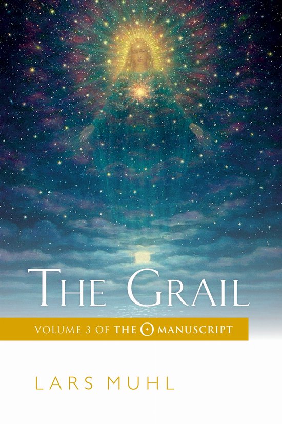 De kaft van het boek 'The Grail' met op de voorgrond de titel en daarboven een sterrenhemel met een lichtgevende figuur.