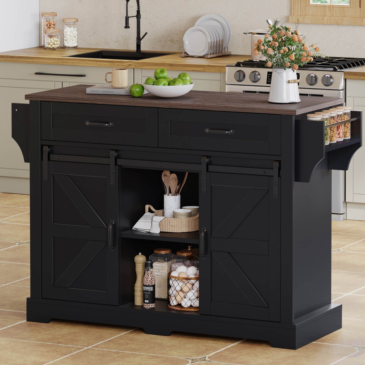 DESMIU Keukenkast - Keukeneiland Met Klapbaar Werkblad En 2 Schuifdeuren - Op Wielen Voor Keuken En Eethoek - MDF - 120x45x91 Cm - Zwart
