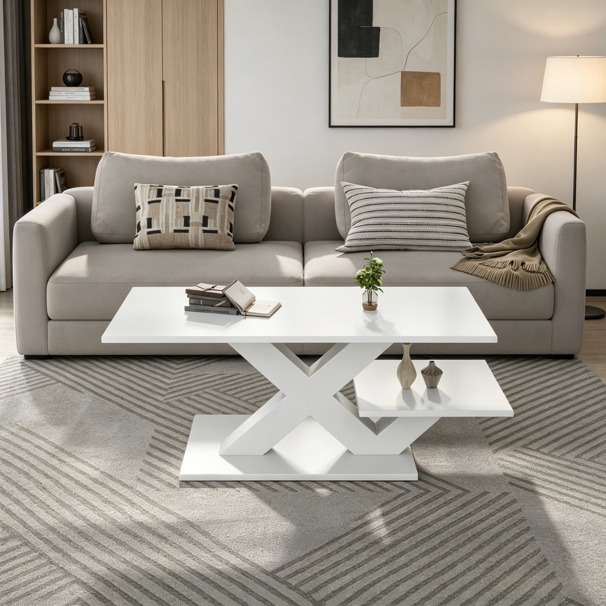 Mivray Salontafel Rechthoekig Hoogglans Wit Met Dubbele Tafelbladen En X Vormige Poten Voor Woonkamer Van MDF 100 X 48 X 45 Cm