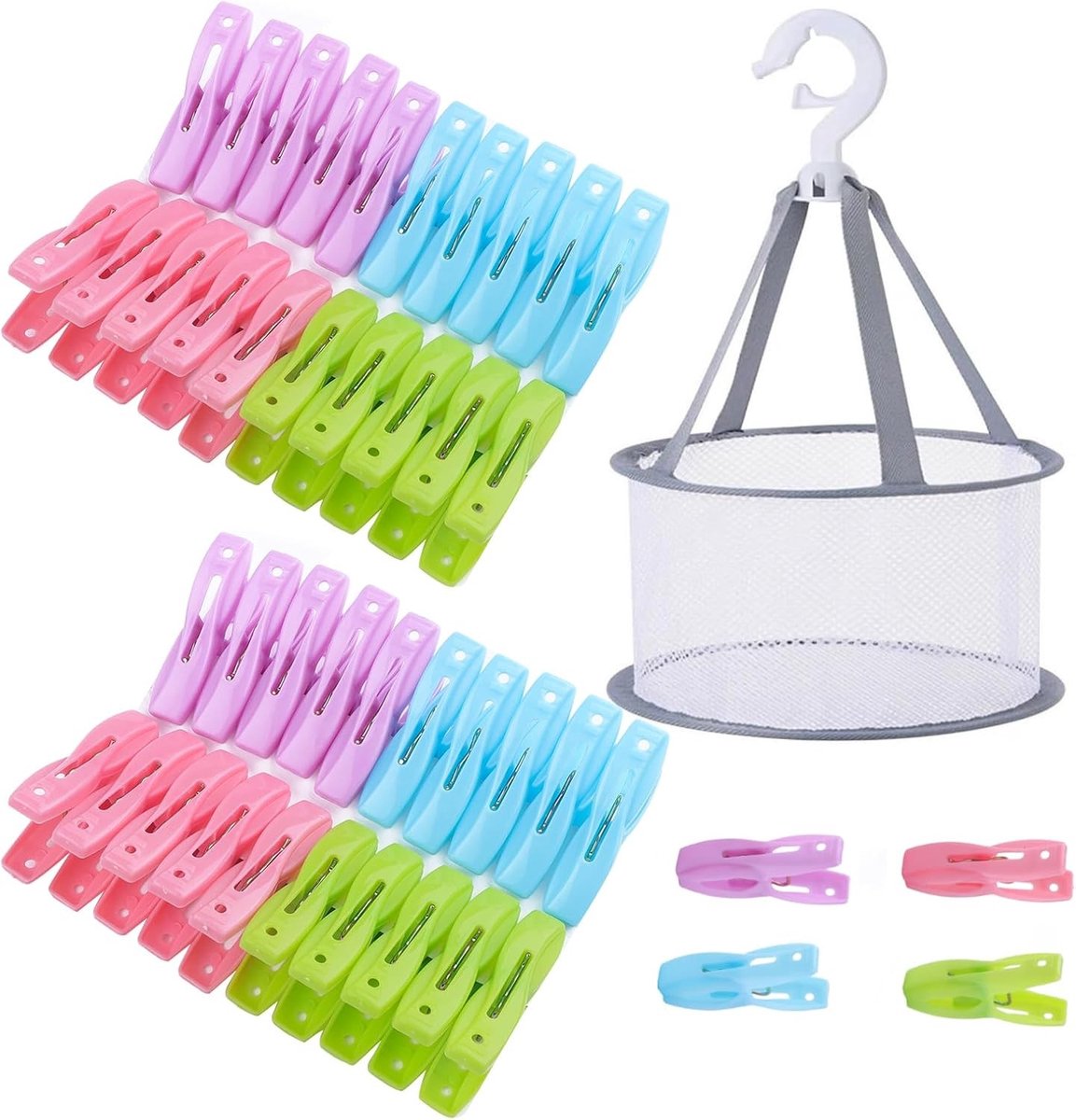 Kleurige Kledingknijpers met Mand - 40 Stuks, Plastic Knijpers, Winddichte Kledingclips voor Wasgoed