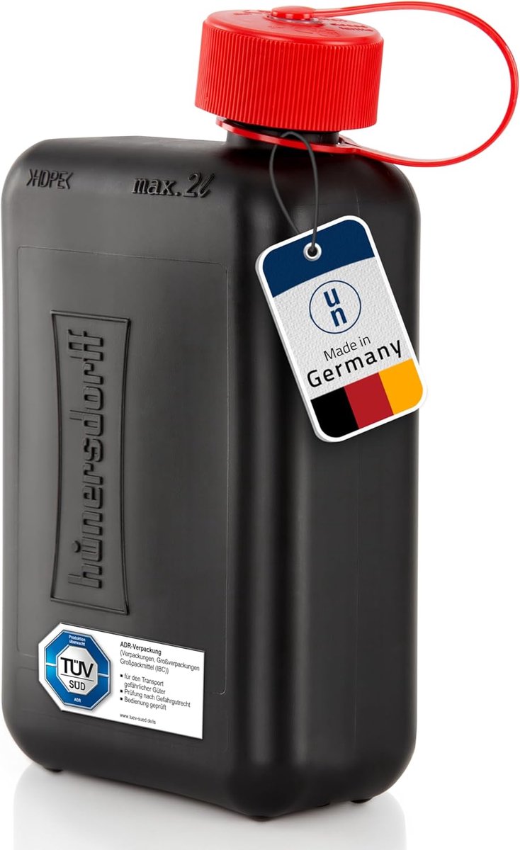 Thijox - Jerrycan voor brandstof 2 liter, reservefjerrycan zwart voor kleine auto's en hybride voertuigen, HD-PE, TÜV-gecertificeerd, ideaal voor camp
