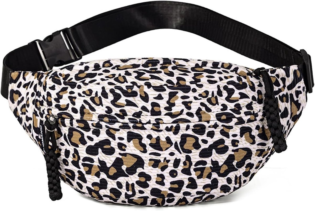 Thijox - Corduroy Heuptas met Luipaardprint, Verstelbare Riem, Casual Heuptas voor Dames en Heren, Gebroken Wit, Modern Design voor Reizen, Winkelen e