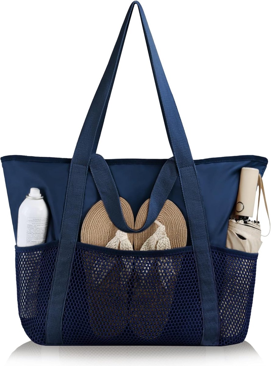 Thijox - Waterdichte strandtas voor dames en heren, grote boodschappentas met ritssluiting en meerdere zakken, ideaal voor strand, zwembad, reizen, sp