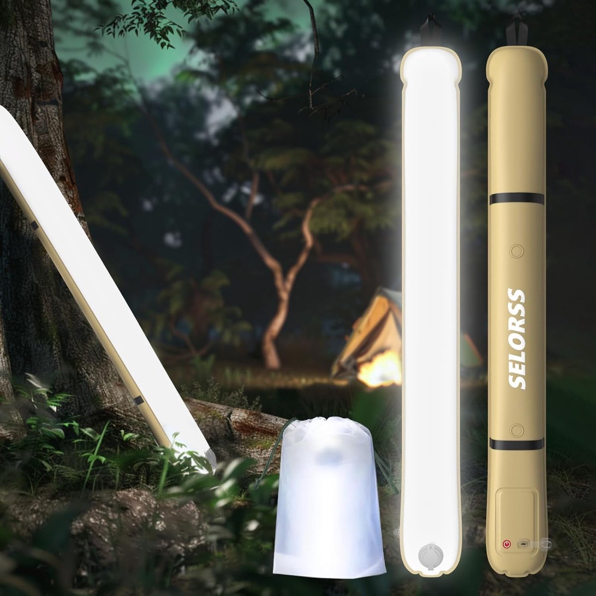 SnelShoppen - Opblaasbare Campingverlichting 86CM Draagbaar LED Licht met Waterdichte Telecopische Lamp 2000mAh - Kaki voor Kamperen, Wandelen en Fest