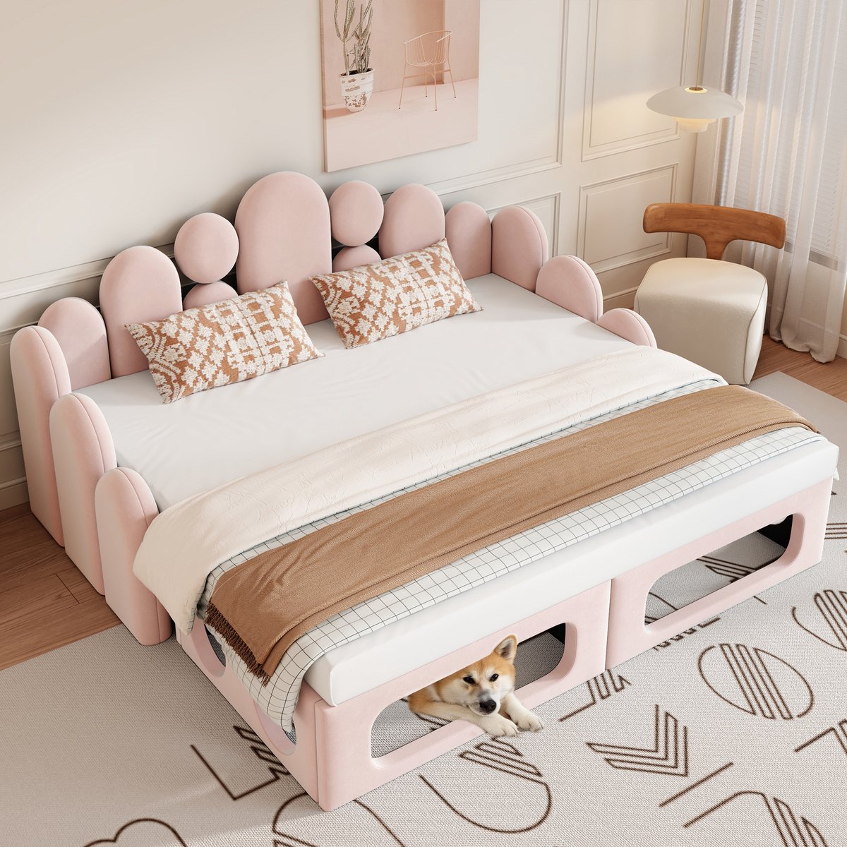 Slaapbank met huisdierbed - 2-in-1 gestoffeerd bed 180x200 cm - met lattenbodem en rugleuning - roze - zonder matras