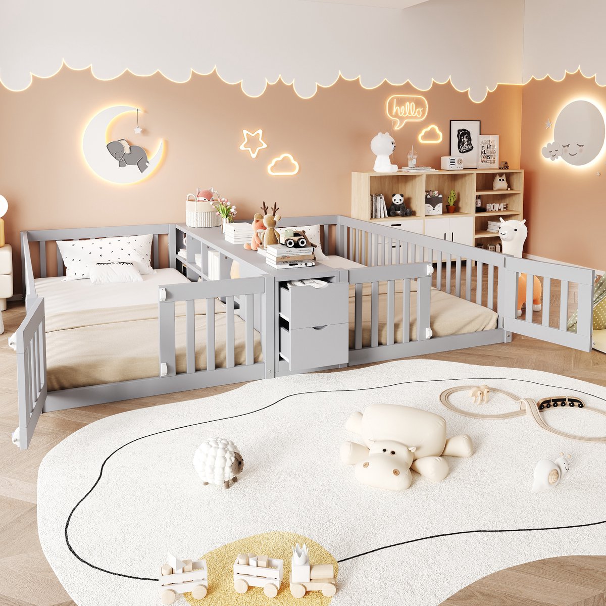 Merax Dubbel Kinderbed 2 x 90x200 cm - Laag Houten Kinderbed - Met Veiligheidshek - Middenkast - Open Vakken - 2 Schuifladen - Grijs - Zonder Matras