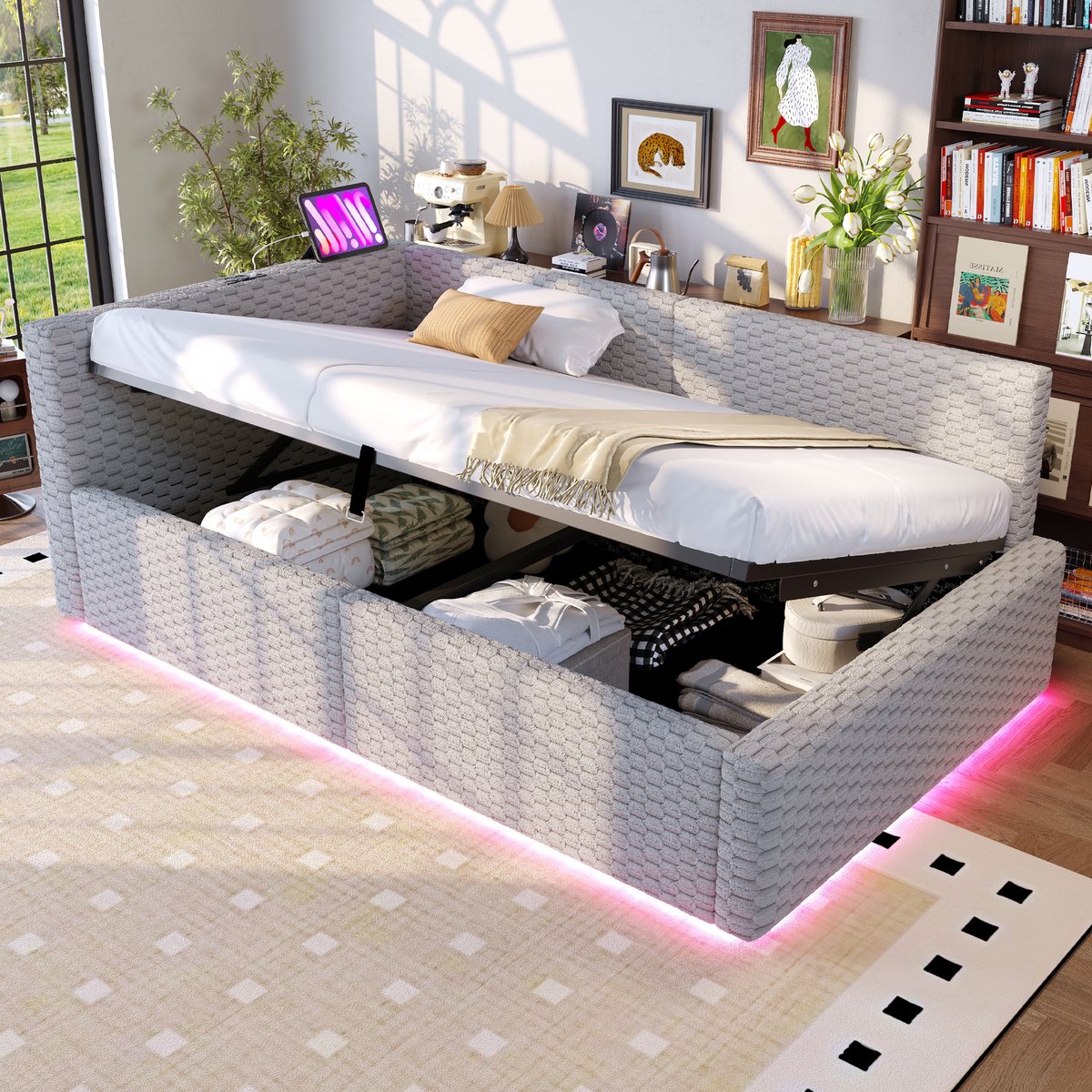 90 x 200 cm slaapbank - met LED-verlichting - Tape-C en twee USB-aansluitingen - met opbergruimte - grijs - zonder matras